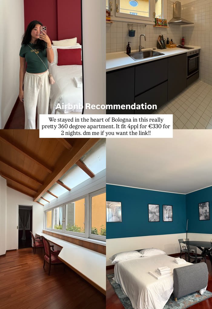 A collage of the Carbonesi 5 apartment in central Bologna, showing the rooms and beds
