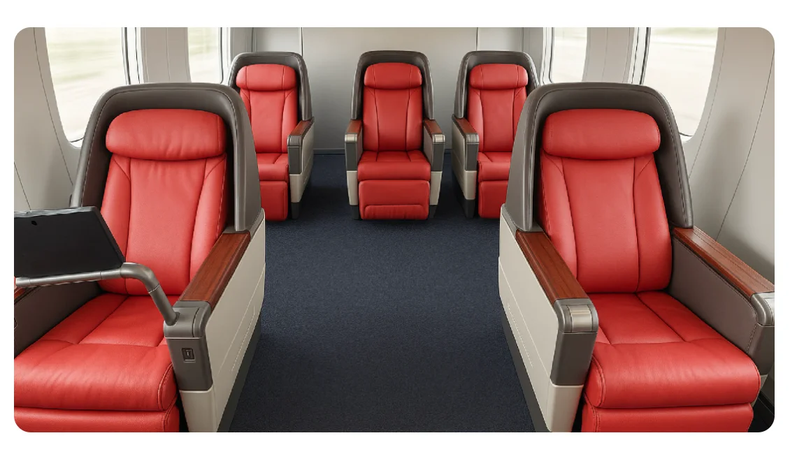 Business class fully reclining seats on a China high speed train
