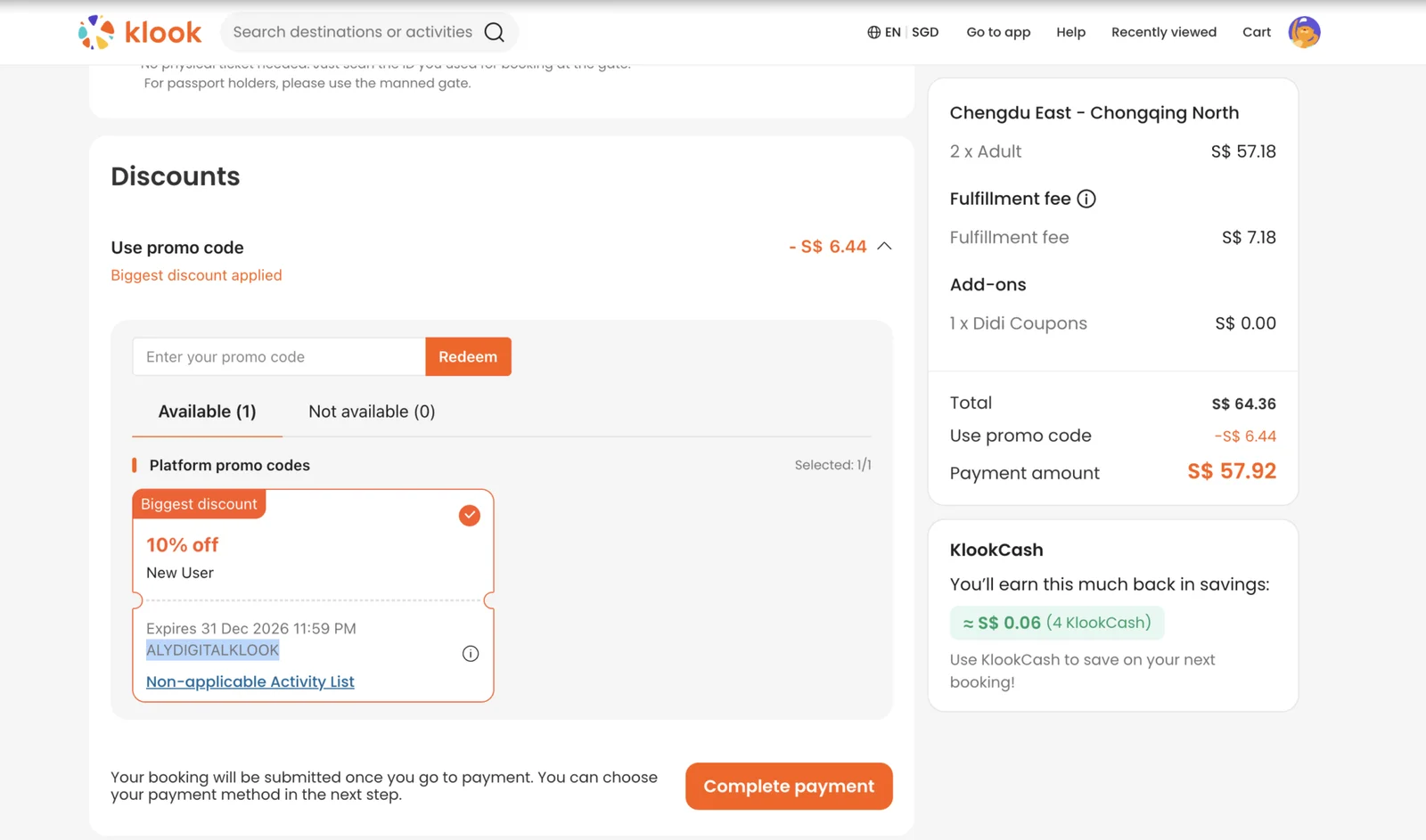 Applying a discount code at checkout when booking China train tickets on Klook