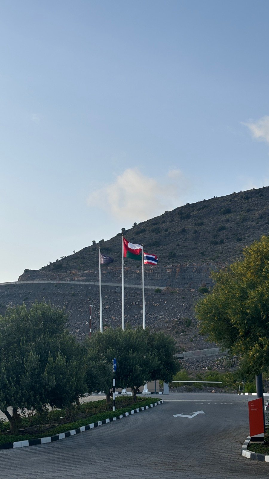 dusitD2 Naseem Resort flags with the Jabal Akhdar mountains behind