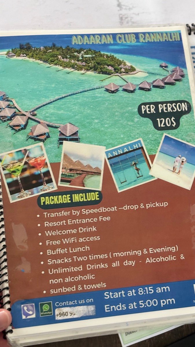 A tour flyer for a US$100 resort day trip from Maafushi to Adaaran Club Rannalhi
