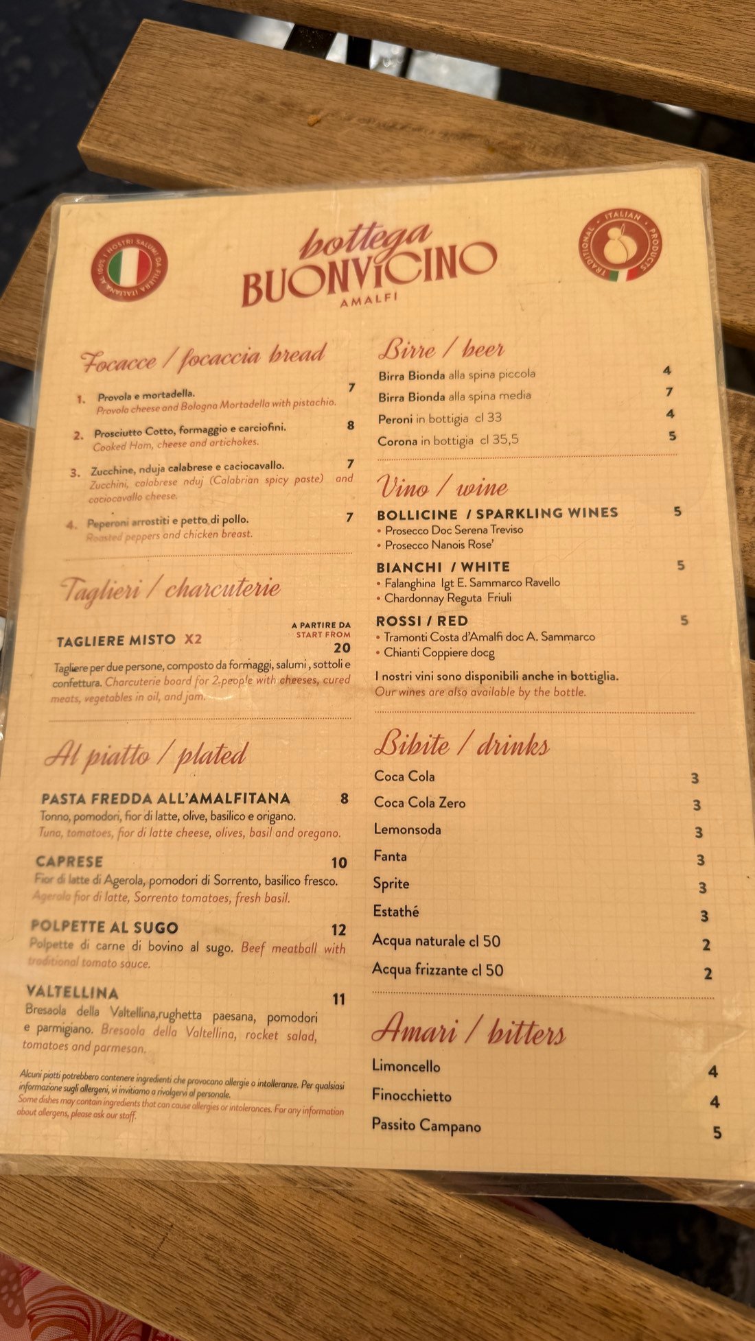 The menu at Bottega Buonvicino near the Duomo in Amalfi