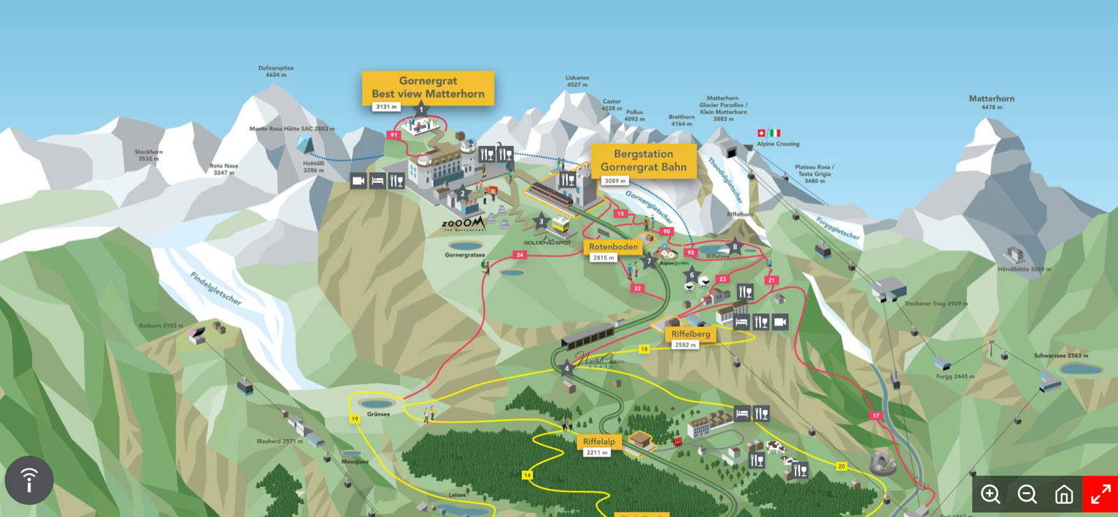 Illustrated map of the Gornergrat railway from Zermatt up past Riffelalp, Riffelberg and Rotenboden to the Gornergrat Matterhorn viewpoint