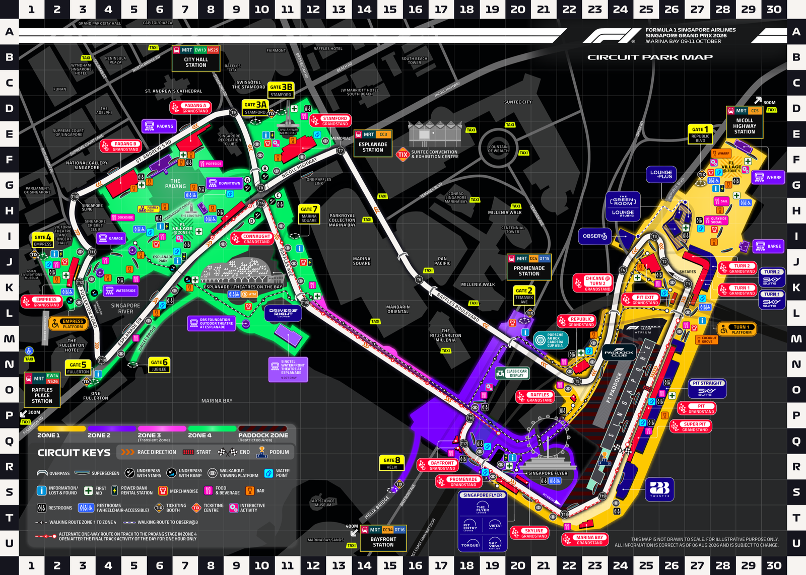 Singapore GP 2026 circuit park map showing zones, gates and grandstands