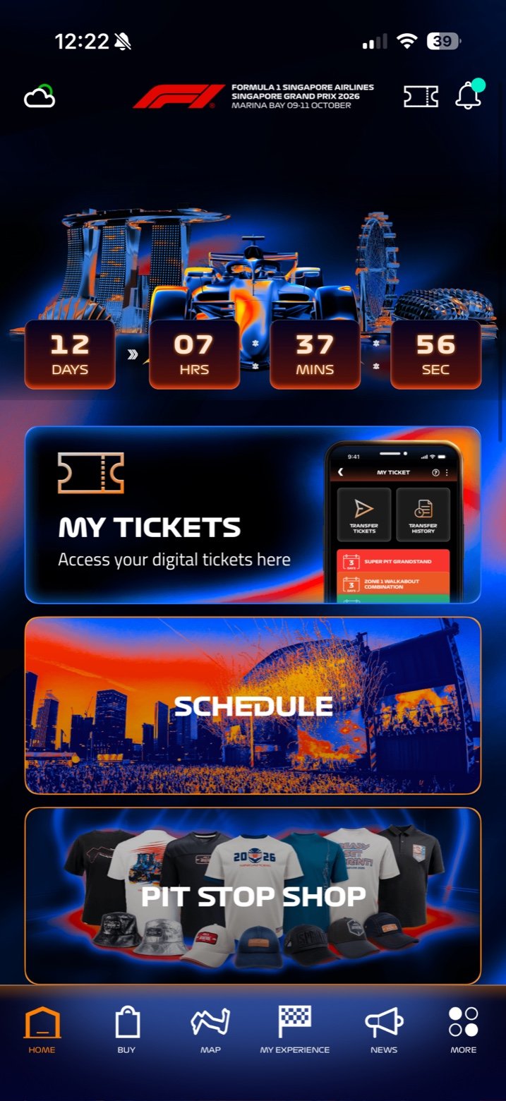 The Singapore GP 2026 app home screen with a My Tickets shortcut
