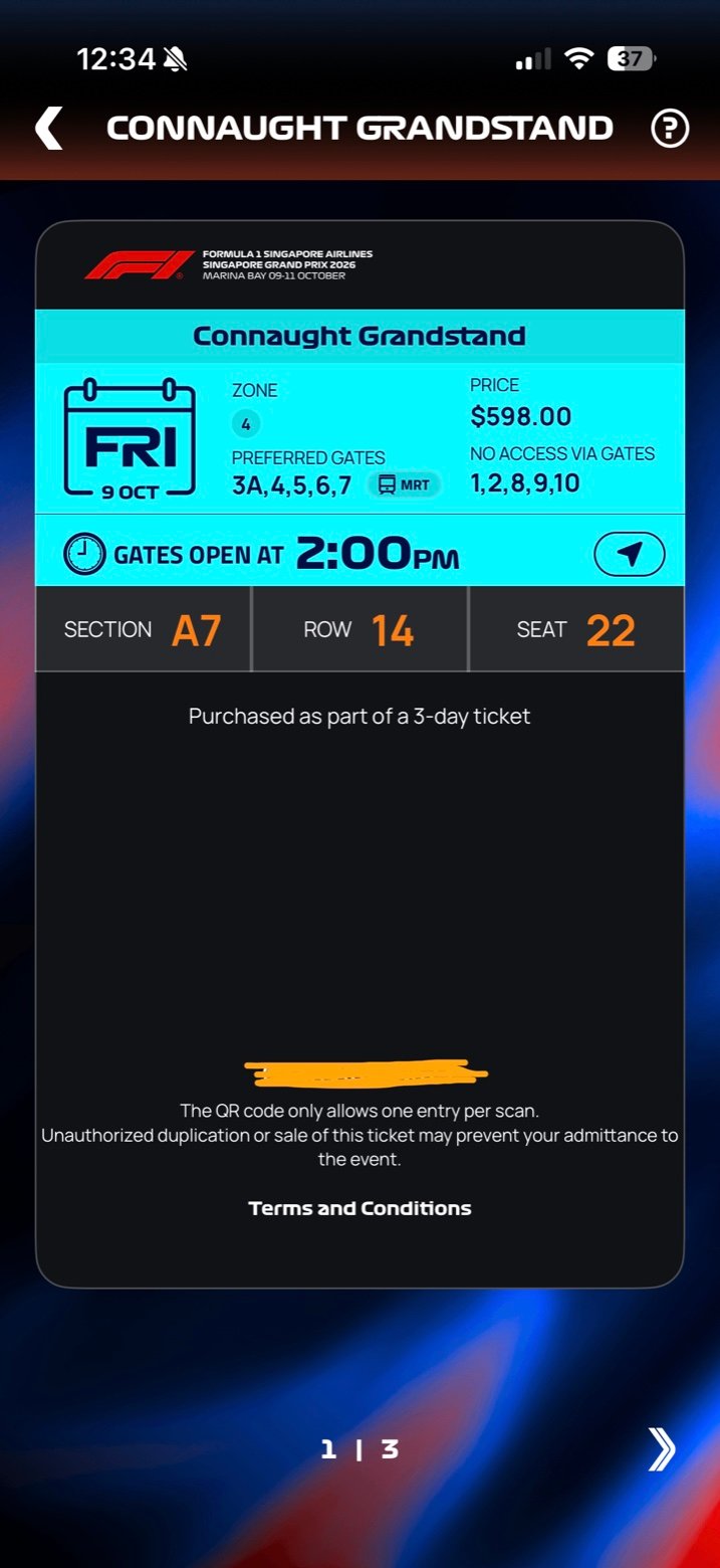 A Singapore GP ticket detail in the app showing zone, seat and the entry QR code