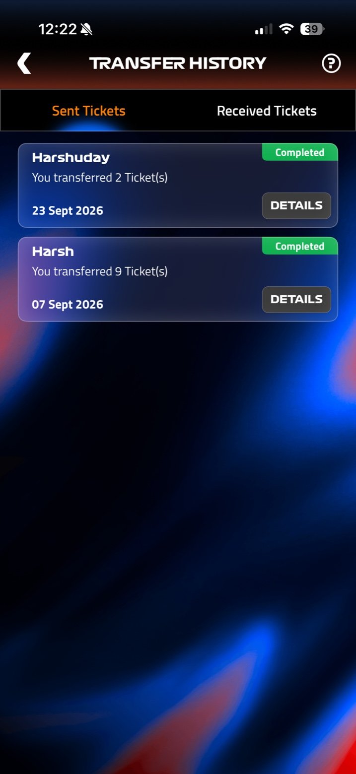 Transfer History in the Singapore GP app showing completed ticket transfers