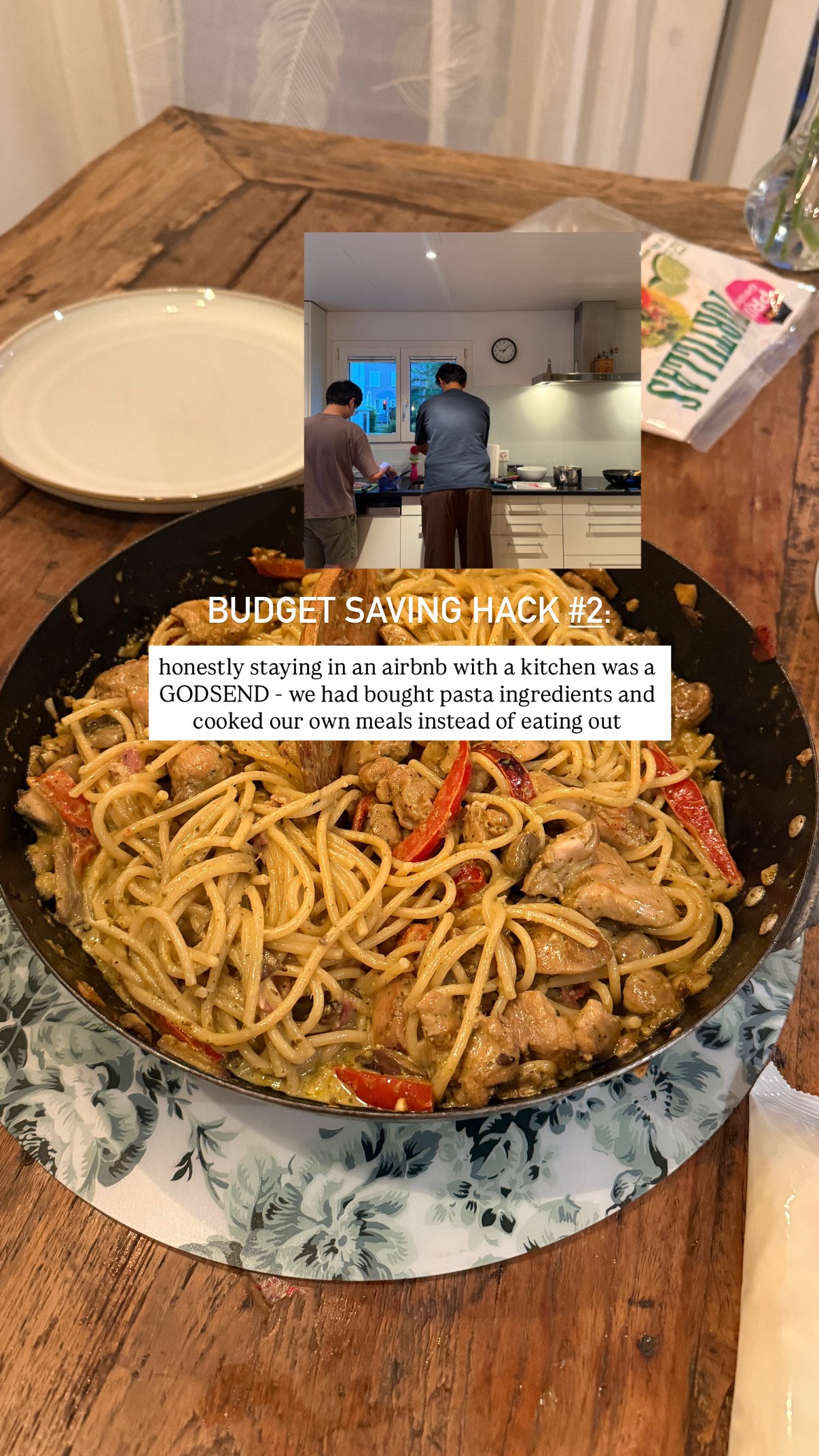 Cooking a big pan of pasta in the Airbnb kitchen instead of eating out
