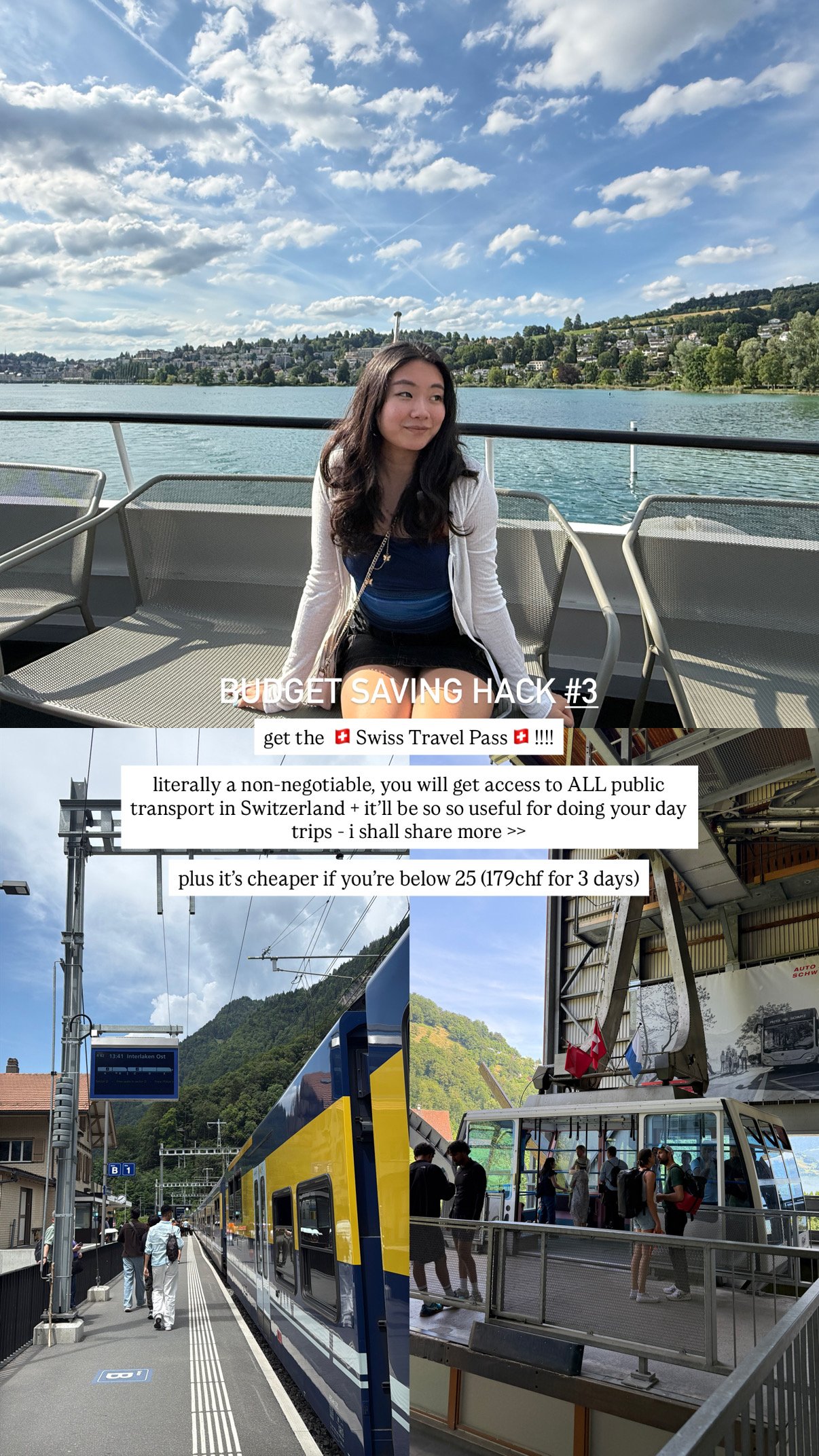 Swiss Travel Pass in action: a lake boat, a train at Interlaken Ost, and a cable car station