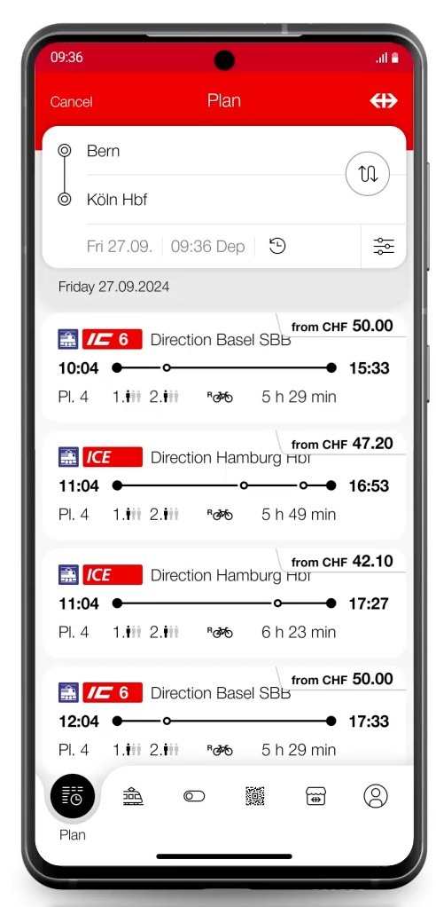 The SBB Mobile app showing train connections and times
